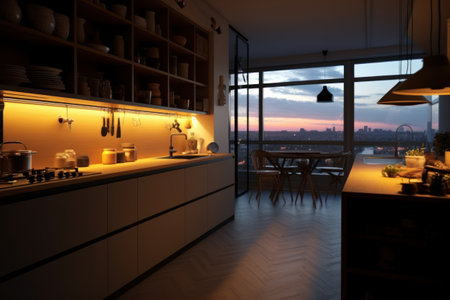 3d rendering of a modern kitchen interior design in night time.の素材