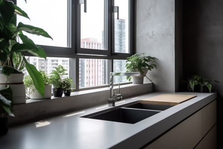 Modern kitchen interior design with sink, faucet and green plantsの素材