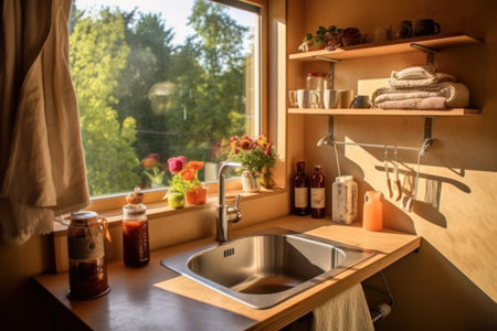 Kitchen sink with faucet on wooden table in front of windowの素材