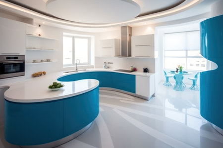 Interior of a modern kitchen with white walls and a blue countertopの素材