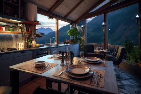 interior of modern kitchen with mountain view at night. 3d renderingの素材