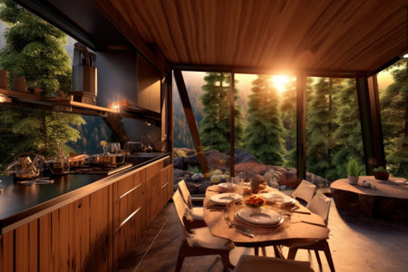 Interior of a modern house in the mountains. 3d renderingの素材