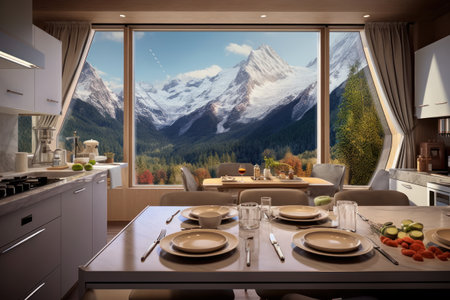 3d rendering of modern kitchen and dining room with mountain view.の素材