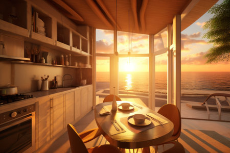 interior of a modern house by the sea at sunset. 3d renderの素材