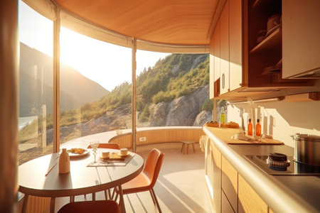 interior of modern house, kitchen and dining area with mountain viewの素材