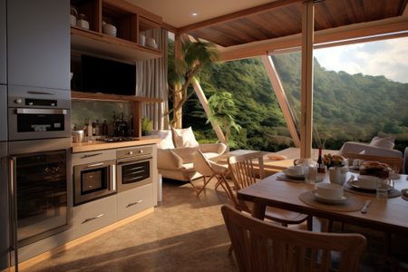 Interior of a modern kitchen with a view of the mountains.の素材