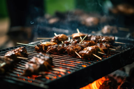 Grilled meat on the barbecue in the garden. Selective focus.の素材