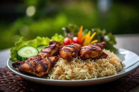 Grilled chicken wings with rice and vegetables, Thai style food.の素材
