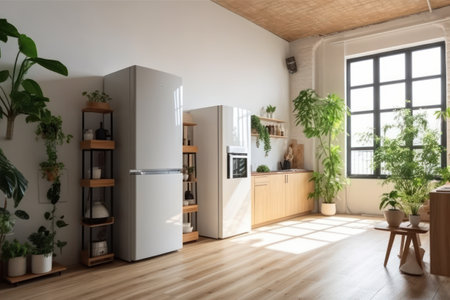 Modern kitchen interior design with fridge, coffee table and plants. 3d renderの素材