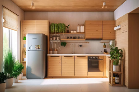 interior of modern kitchen with wooden walls and white tiled floorの素材