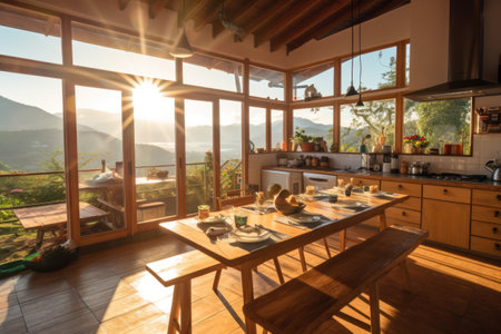 Interior of a modern kitchen with wooden furniture in the morning sunlightの素材
