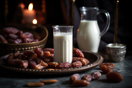 Dates fruit and milk in a glass on a dark background. Selective focus.の素材