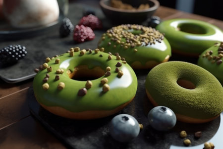 Green glazed donuts with sprinkles and fresh berries on wooden tableの素材