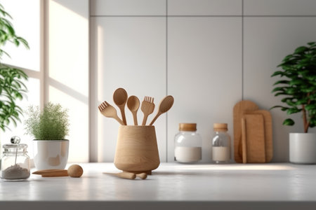 Wooden kitchen utensils on white table. 3d renderの素材