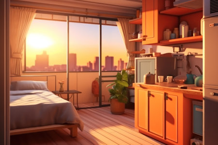 3d rendering of a modern bedroom with orange walls, wooden floorの素材