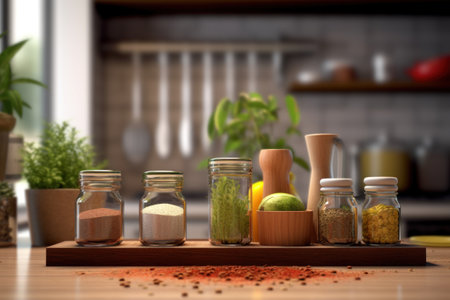 Spices and herbs in glass bottles on wooden table in modern kitchenの素材