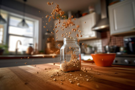 Wheat grains falling into a glass jar on the kitchen table.の素材