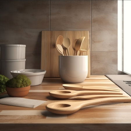 3d rendering of wooden kitchen utensils on table in modern kitchenの素材