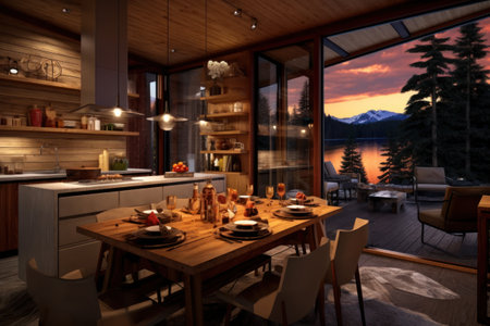 Interior of a modern restaurant with a view of the mountains and lakeの素材