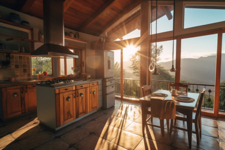 interior of modern house. Kitchen and dining room with mountain viewの素材