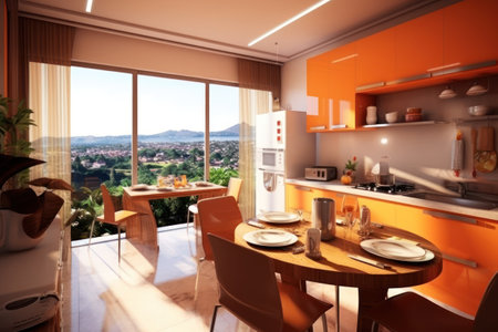 3d rendering of orange kitchen and dining room in a modern houseの素材