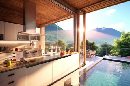 3d rendering of a modern kitchen in a house with a beautiful mountain viewの素材