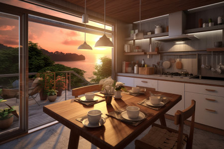 3d render of a modern kitchen in a wooden house with a beautiful viewの素材