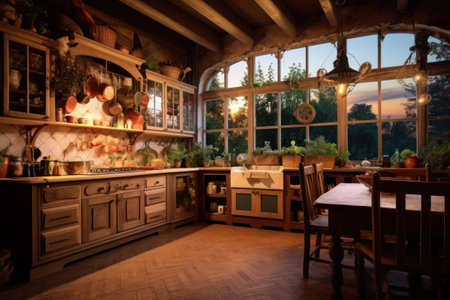 Interior of a rustic kitchen in the evening, vintage styleの素材