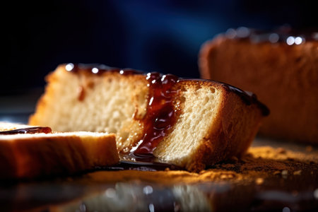 Slices of bread with jam on a dark background. Selective focus.の素材