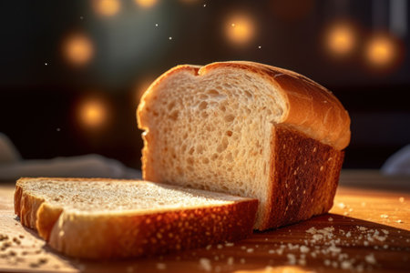 Sliced bread on a wooden table with a blurred background.の素材
