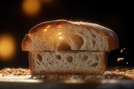 Sliced bread on wooden table with blurred lights on background, closeupの素材