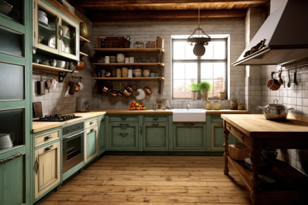 3d render of a modern kitchen in a rustic style.の素材