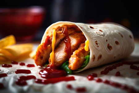 Tortilla wrap with chicken and ketchup on a black backgroundの素材