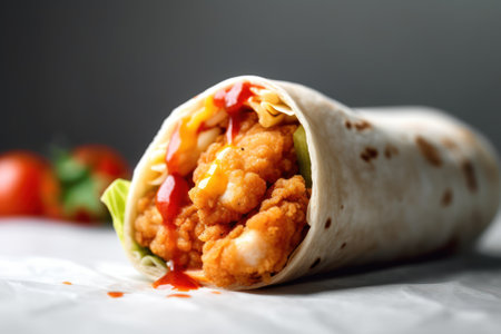 Tortilla wrap with chicken and ketchup on a dark backgroundの素材