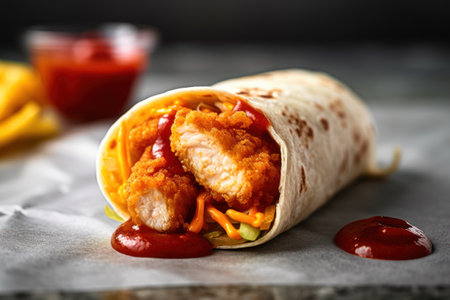 Chicken kebab in tortilla wrap with ketchup and mustardの素材
