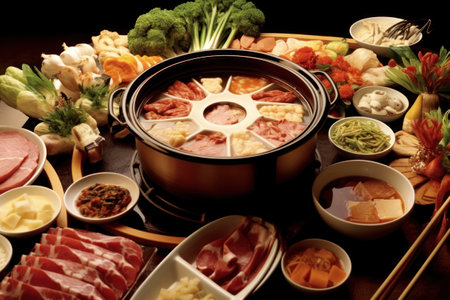 Sukiyaki, japanese hot pot with vegetables and meatの素材