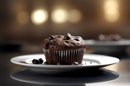 Chocolate muffin with chocolate chips on white plate on dark backgroundの素材