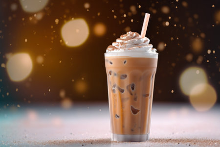 Iced coffee with whipped cream in plastic cup on bokeh backgroundの素材