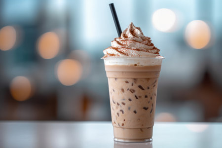 Iced coffee with whipped cream in glass on table in coffee shopの素材