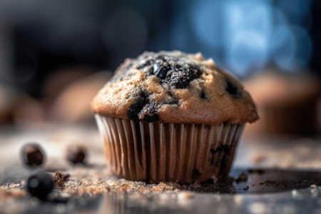 Chocolate muffins with black raisins on a wooden tableの素材