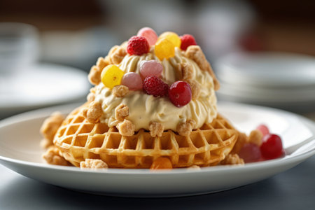 Waffle with whipped cream and berries on a white plate, closeupの素材