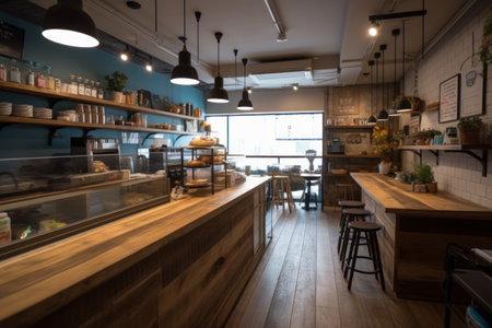 Interior of a modern coffee shop with bar counter and wooden floorの素材