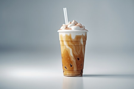 Iced coffee with milk in plastic cup on grey backgroundの素材