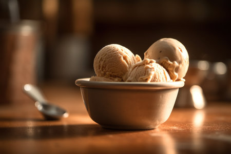 Scoops of ice cream in a bowl on a wooden tableの素材
