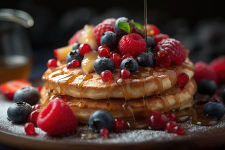 Pancakes with fresh berries and maple syrup, closeup, horizontalの素材