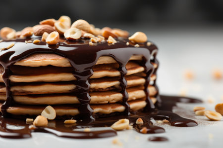 Stack of delicious pancakes with chocolate and nuts on table, closeupの素材