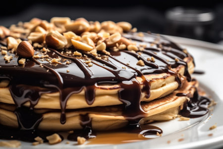 Pancakes with chocolate and nuts on a white plate, close upの素材