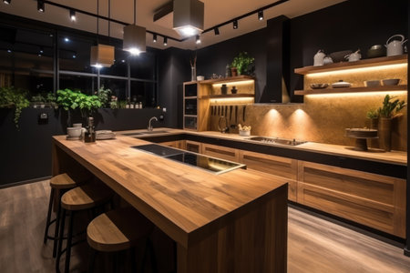 Interior of a modern kitchen with a wooden countertop and black wallsの素材
