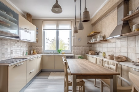interior of a modern and bright kitchen with wooden table and chairsの素材