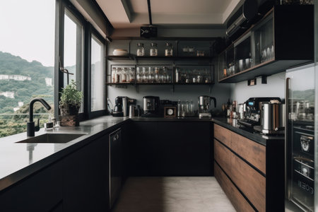interior of modern kitchen with black countertop and black cupboardsの素材